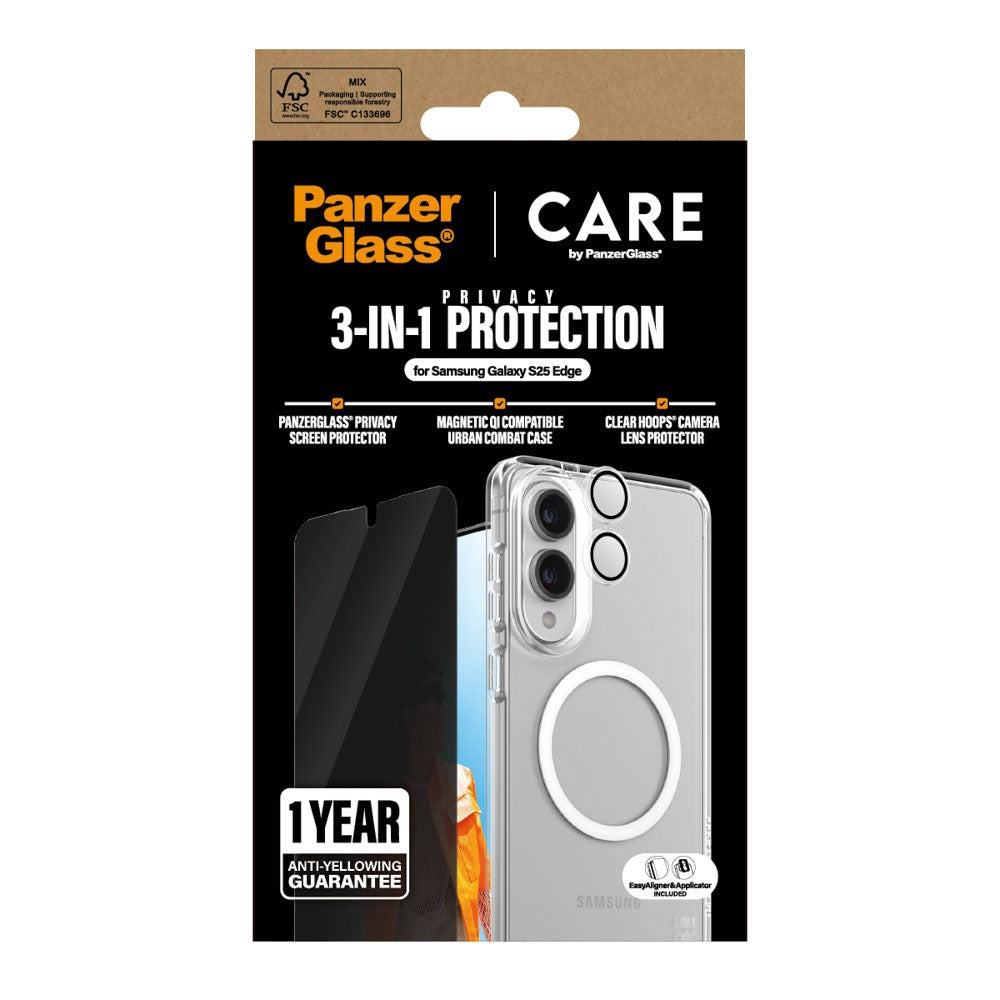 Samsung Galaxy S25 Edge - CARE by PanzerGlass 3-i-1 FLAGSHIP Bundle - Cover / Privacy Skærmbeskyttelse (UWF) / Kamerabeskyttelse - Gennemsigtig / Hvid