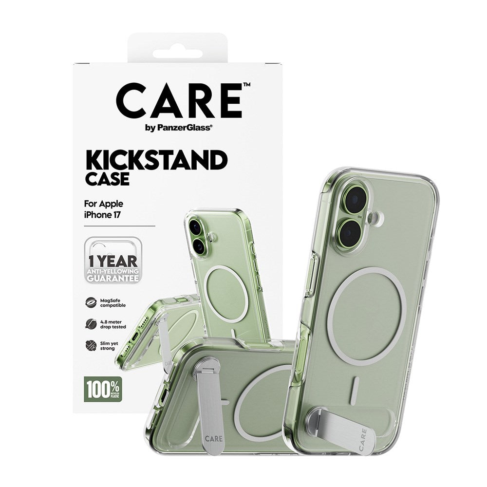 iPhone 17 CARE by PanzerGlass Feature Kickstand Mobil Cover - MagSafe Kompatibel - Transparent / Silver