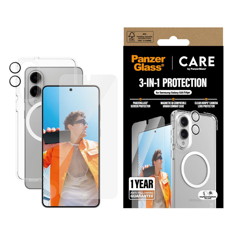 Samsung Galaxy S25 Edge - CARE by PanzerGlass 3-i-1 FLAGSHIP Bundle - Cover / Skærmbeskyttelse (UWF) / Kamerabeskyttelse - Gennemsigtig / Hvid