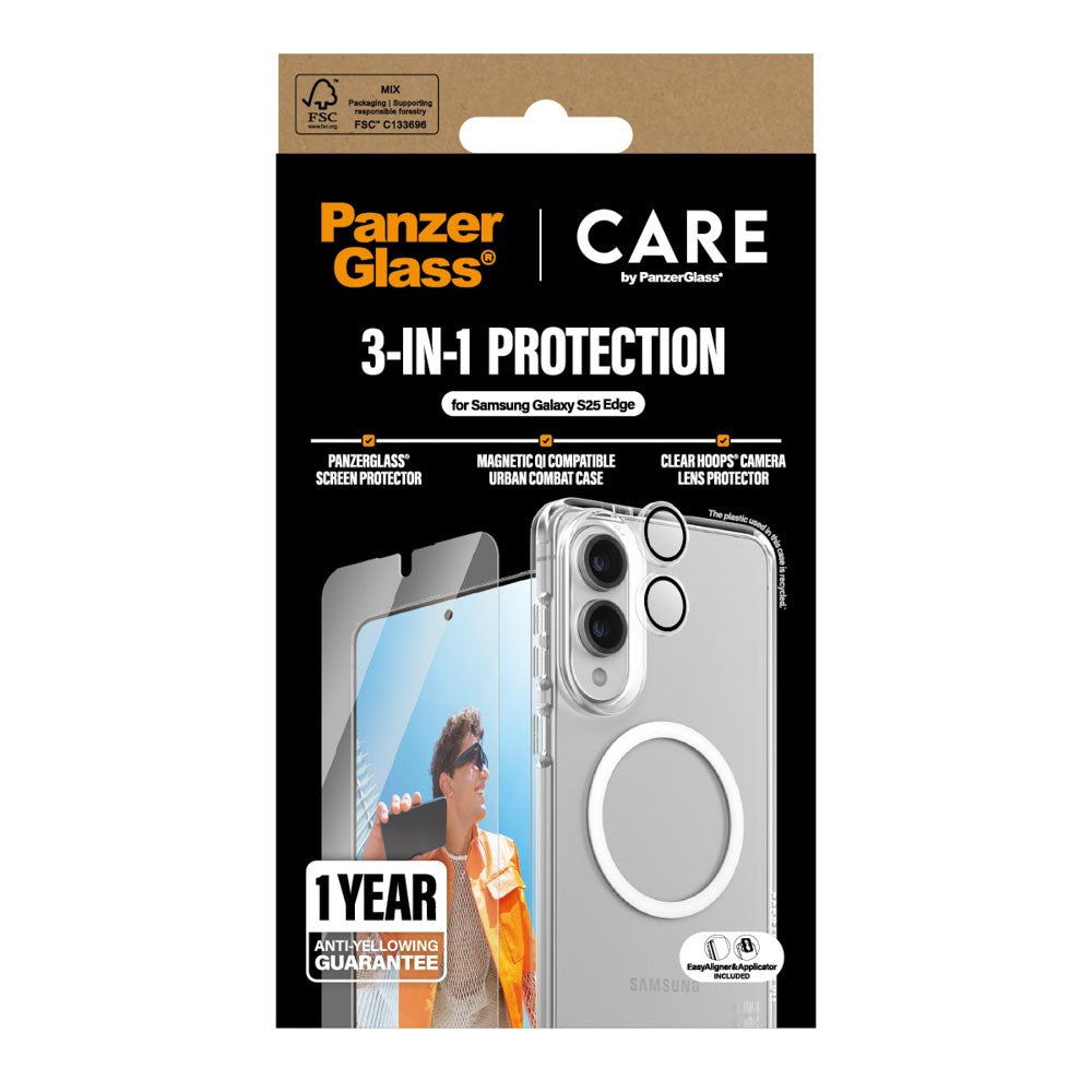 Samsung Galaxy S25 Edge - CARE by PanzerGlass 3-i-1 FLAGSHIP Bundle - Cover / Skærmbeskyttelse (UWF) / Kamerabeskyttelse - Gennemsigtig / Hvid