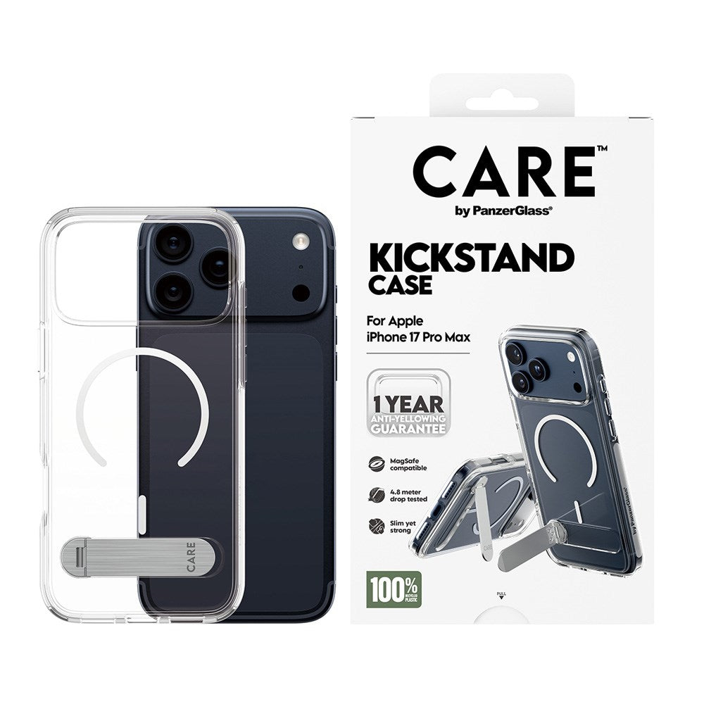 iPhone 17 Pro Max CARE by PanzerGlass Feature Kickstand Mobil Cover - MagSafe Kompatibel - Transparent / Silver