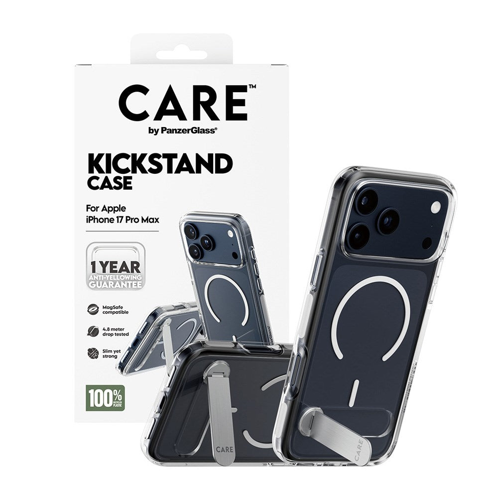 iPhone 17 Pro Max CARE by PanzerGlass Feature Kickstand Mobil Cover - MagSafe Kompatibel - Transparent / Silver