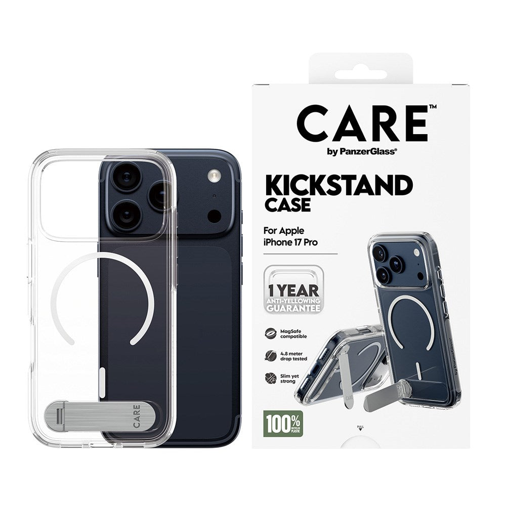 iPhone 17 Pro CARE by PanzerGlass Feature Kickstand Mobil Cover - MagSafe Kompatibel - Transparent / Silver