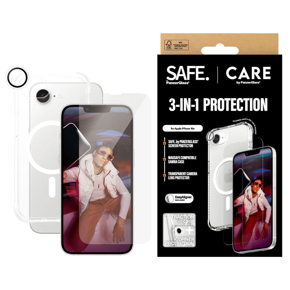 CARE By PanzerGlass iPhone 16e 3-i-1 FASHION Bundle - Skjermbeskytter (UWF) / Bakdeksel / Kamerabeskyttelse - Gjennomsiktig / Hvit