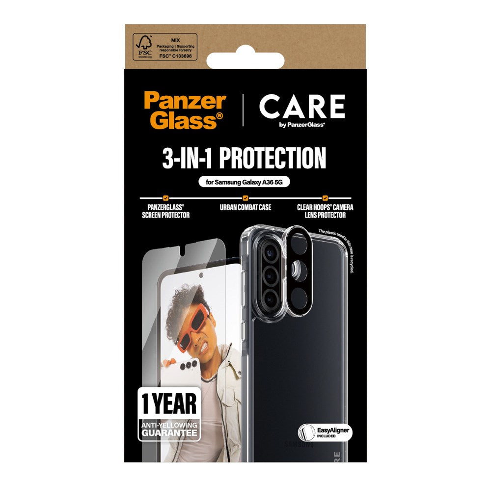 Samsung Galaxy A36 (5G) - CARE by PanzerGlass 3-i-1 FLAGSKIP Bundle - Deksel / Skjermbeskytter (UWF) / Kamerabeskyttelse - Gjennomsiktig