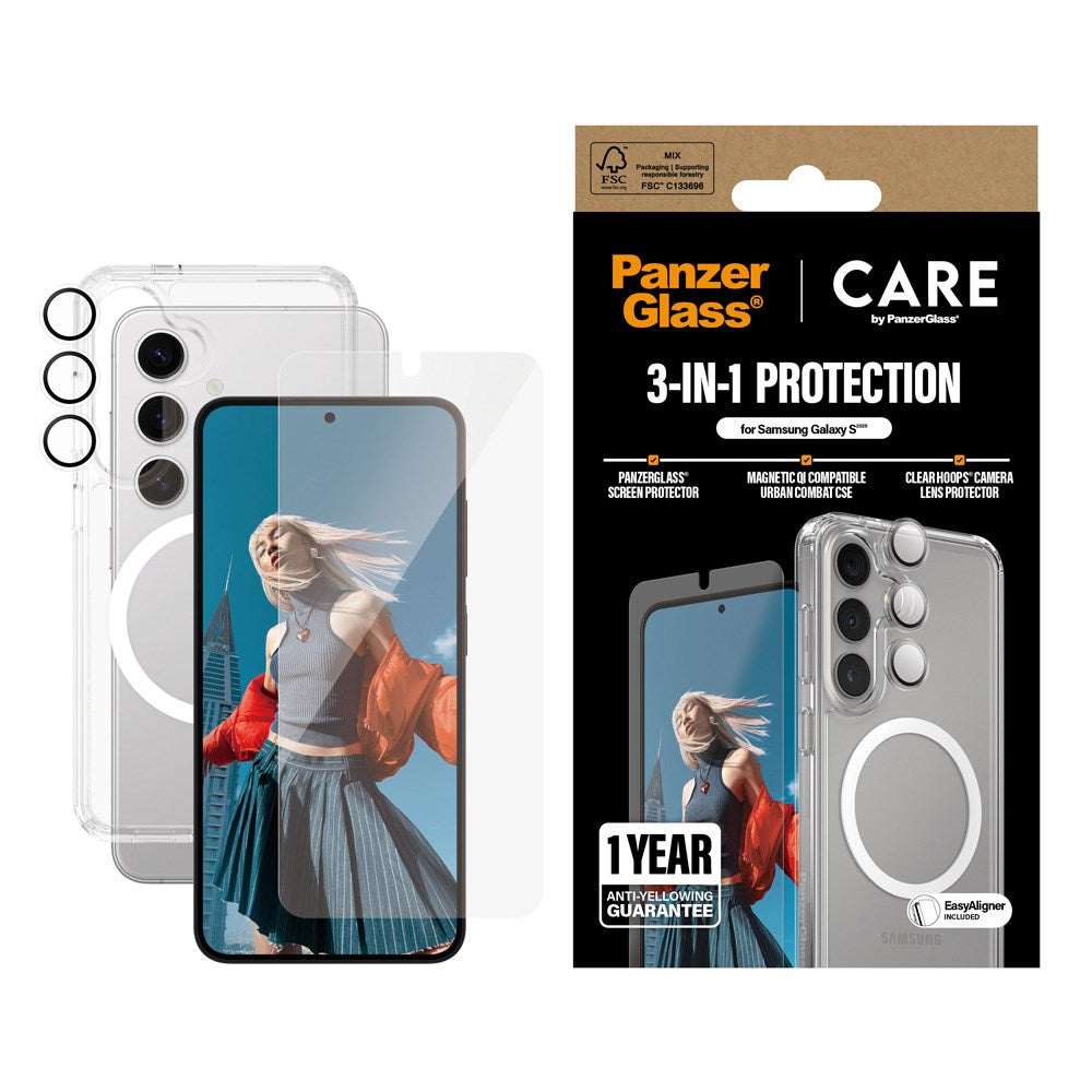 Samsung Galaxy S25 - CARE by PanzerGlass 3-i-1 FLAGSKIP Bundle - Deksel / Skjermbeskytter (UWF) / Kamerabeskyttelse - Gjennomsiktig