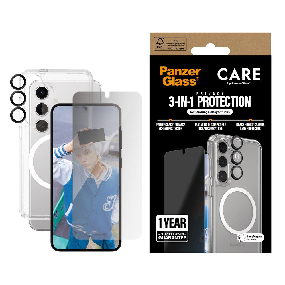 Samsung Galaxy S25+ (Plus) - CARE by PanzerGlass 3-i-1 FLAGSHIP Bundle - Deksel / Privacy Screen Protector (UWF) / Kamerabeskyttelse - Gjennomsiktig / Svart