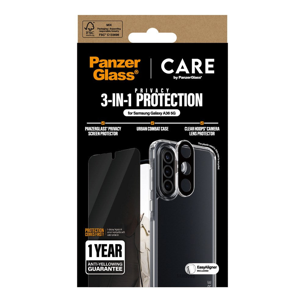 Samsung Galaxy A36 (5G) - CARE by PanzerGlass 3-i-1 FLAGSHIP Bundle - Deksel / Privacy Screen Protector (UWF) / Kamerabeskyttelse - Gjennomsiktig / Svart