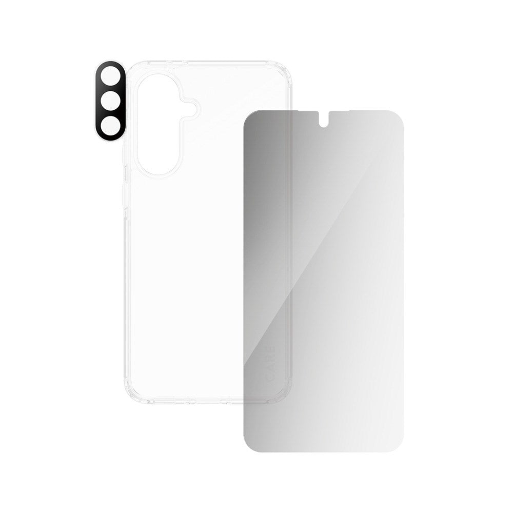 Samsung Galaxy A56 (5G) - CARE by PanzerGlass 3-i-1 FLAGSHIP Bundle - Cover / Privacy Skærmbeskyttelse (UWF) / Kamerabeskyttelse - Gennemsigtig / Sort