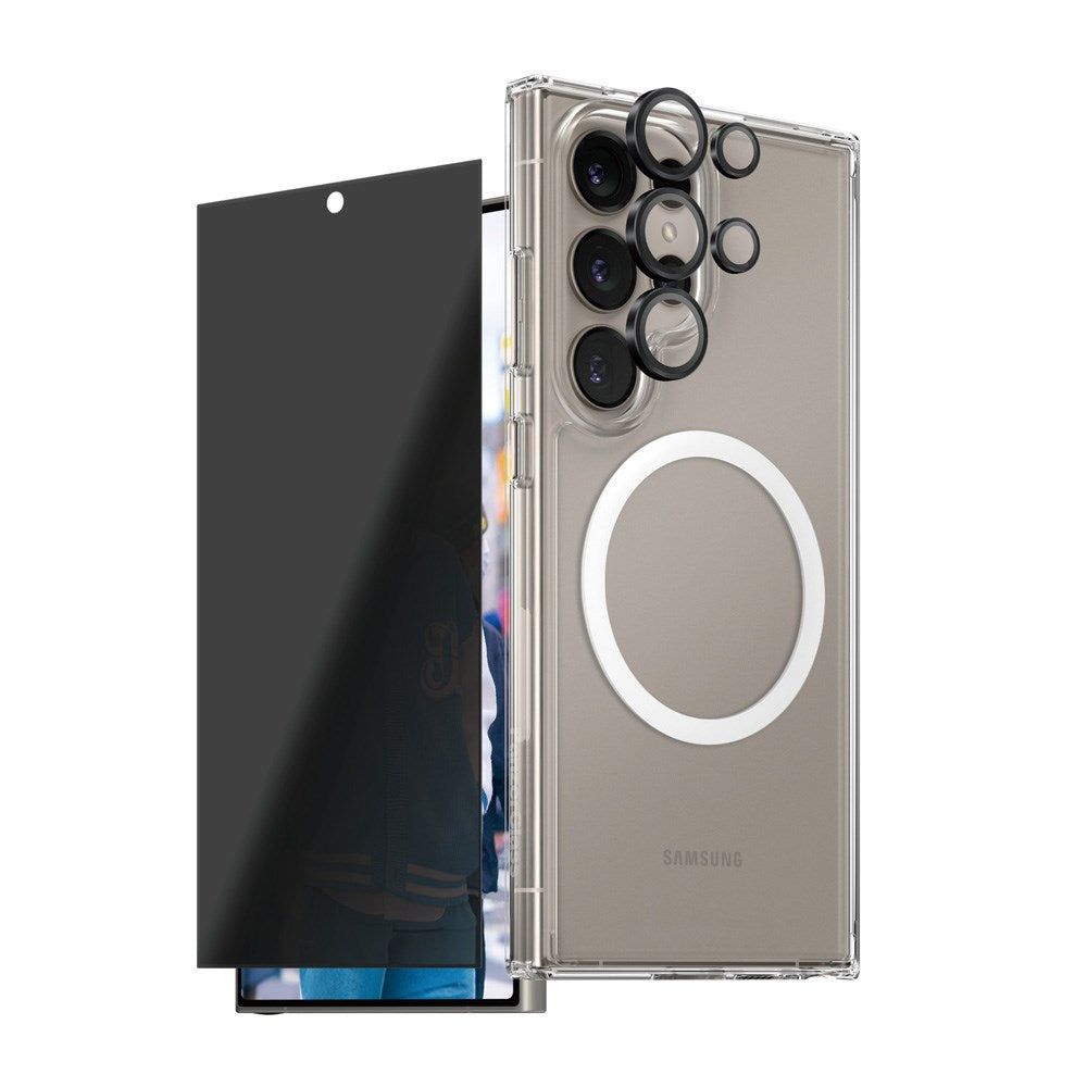 Samsung Galaxy S25 Ultra - CARE by PanzerGlass 3-i-1 FLAGSHIP Bundle - Cover / Privacy Skærmbeskyttelse (UWF) / Kamerabeskyttelse - Gennemsigtig / Hvid