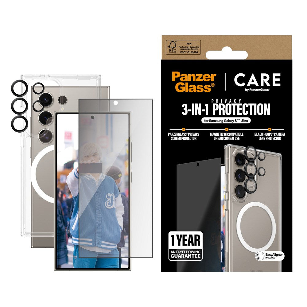 Samsung Galaxy S25 Ultra - CARE by PanzerGlass 3-i-1 FLAGSHIP Bundle - Cover / Privacy Skærmbeskyttelse (UWF) / Kamerabeskyttelse - Gennemsigtig / Hvid