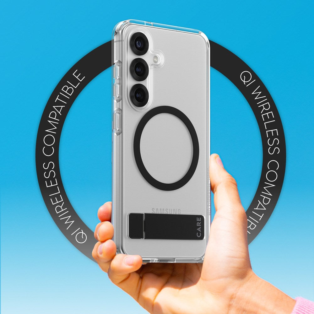 CARE by PanzerGlass Samsung Galaxy S25 Feature Kickstand Cover - Qi-kompatibel - Gjennomsiktig / Svart