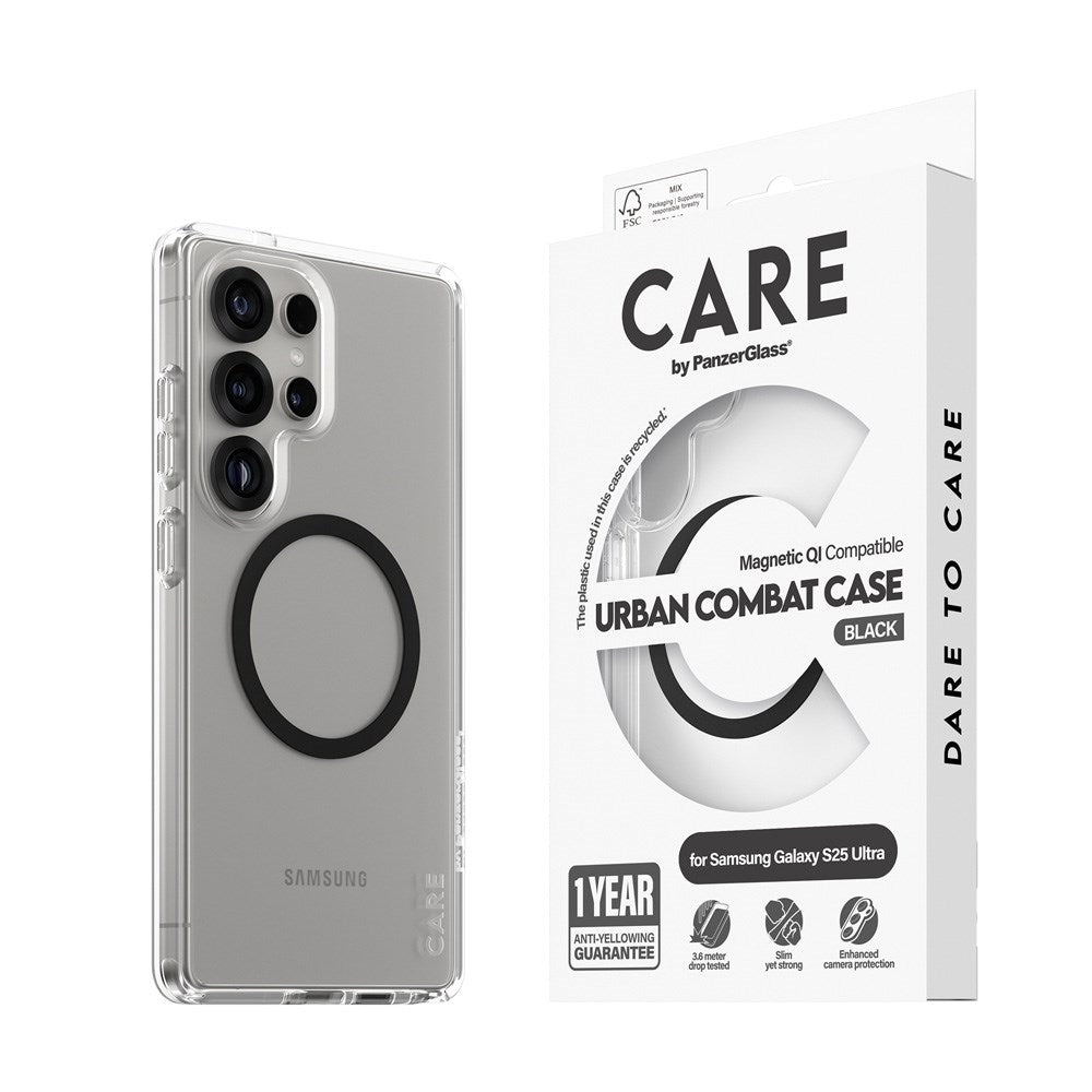 CARE by PanzerGlass Samsung Galaxy S25 Ultra FLAGSHIP Urban Combat-deksel - Qi-kompatibel - Gjennomsiktig / Svart