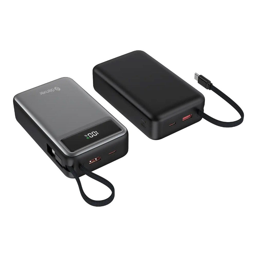 Denver PowerBank m. USB-A / USB-C / Indbygget USB-C Kabel - 65W / 20.000 mAh - Grå