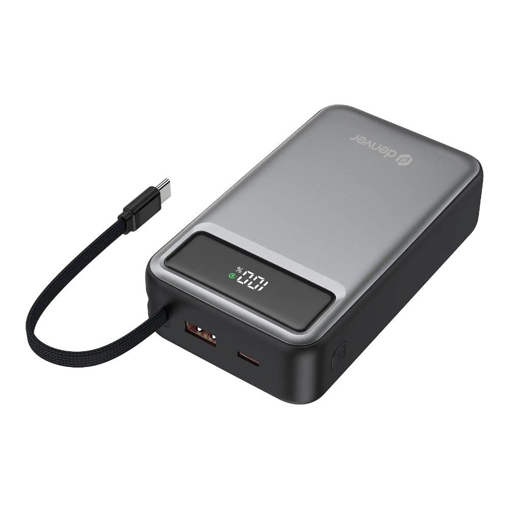 Denver PowerBank m. USB-A / USB-C / Indbygget USB-C Kabel - 65W / 20.000 mAh - Grå