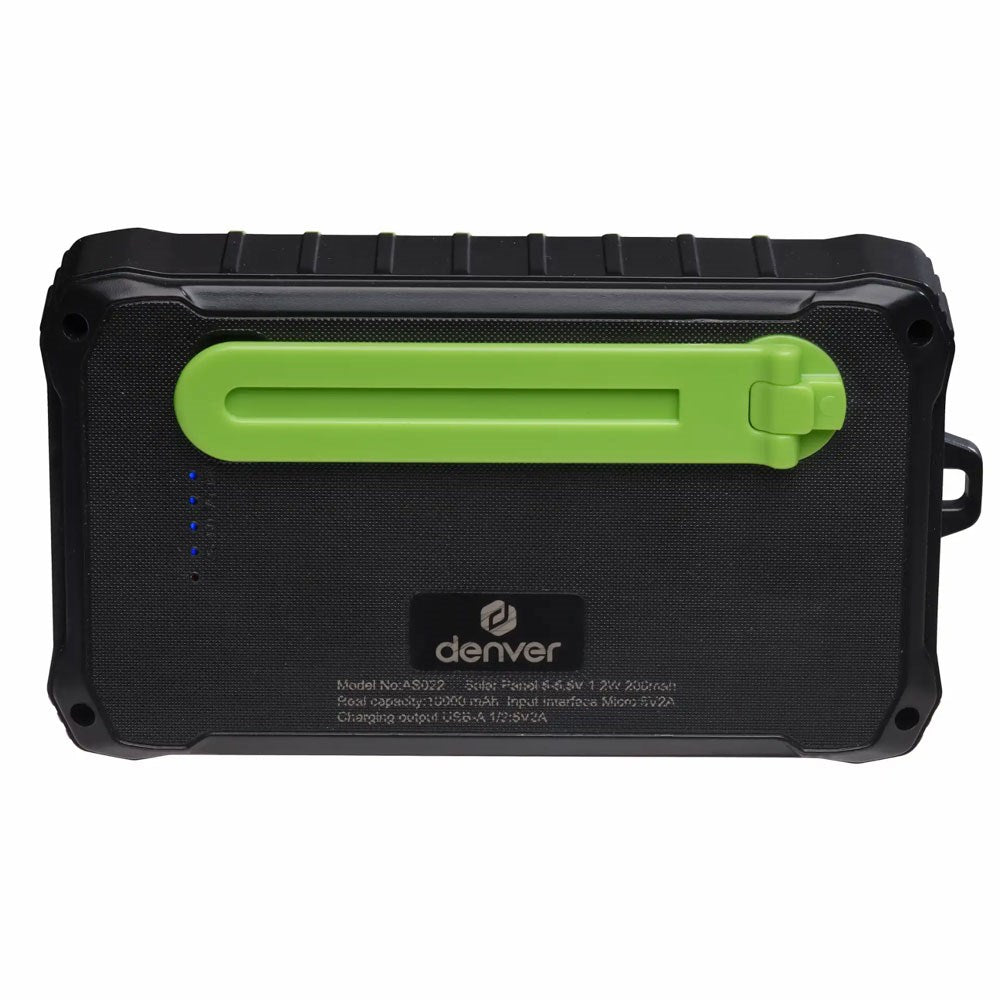 Denver PSO-10012 Solcelle 10.000 mAh PowerBank m. Lygte - Sort / Grøn