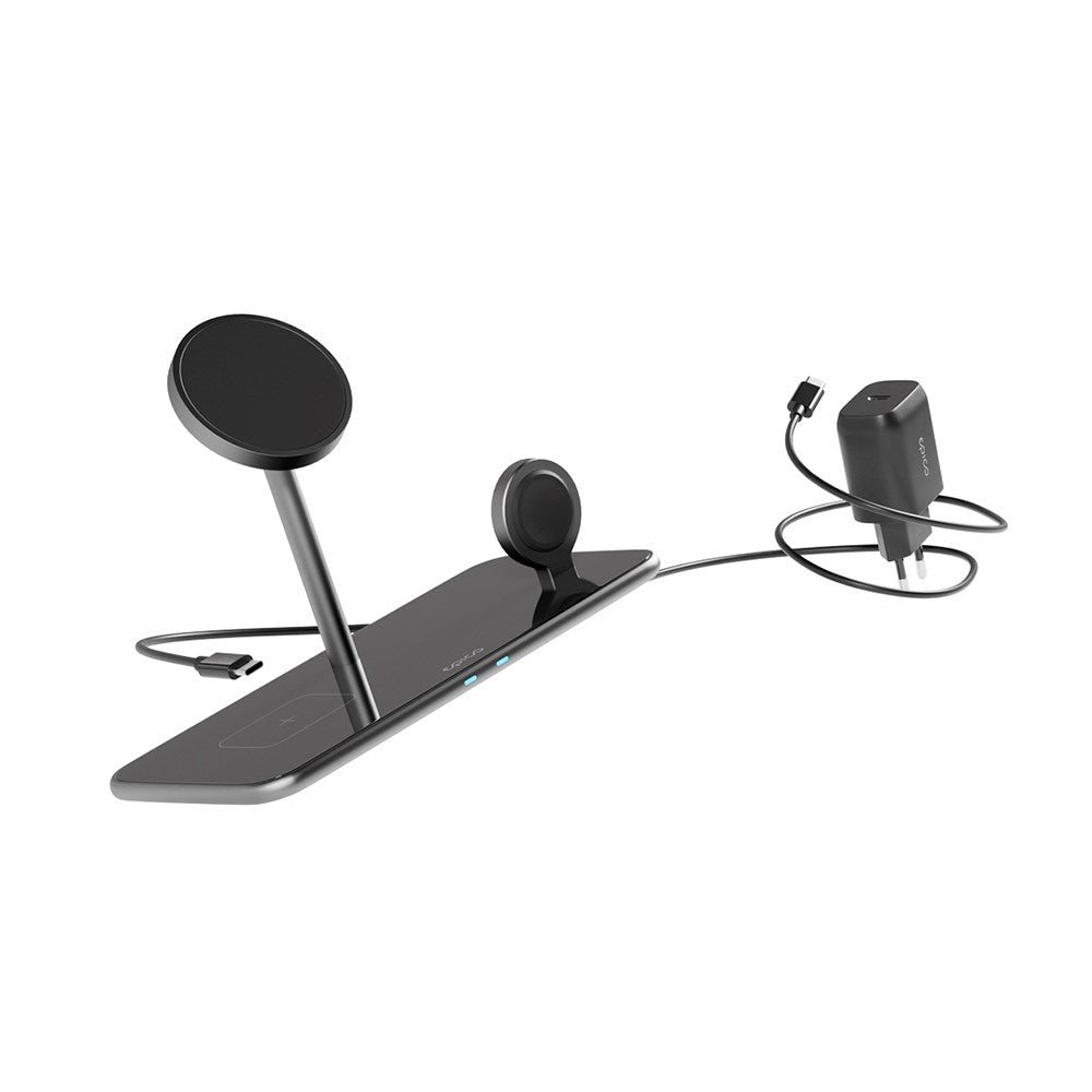 Epico Mag+ 3-i-1 trådløs lader 25W m. USB-C-kabel og vegglader - MagSafe-kompatibel - Svart