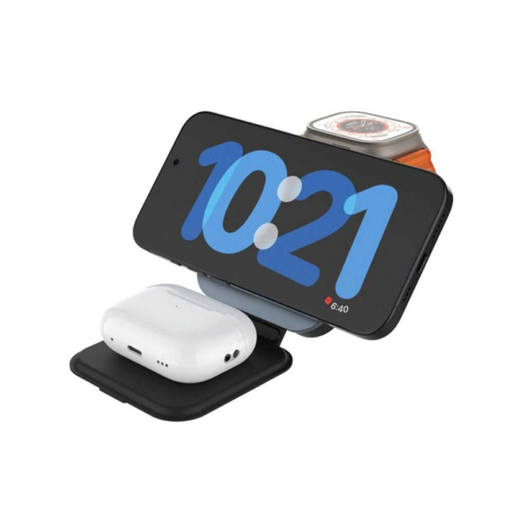 Fast MagFlex 3-i-1 sammenleggbar trådløs lader - MagSafe-kompatibel - Svart/grå