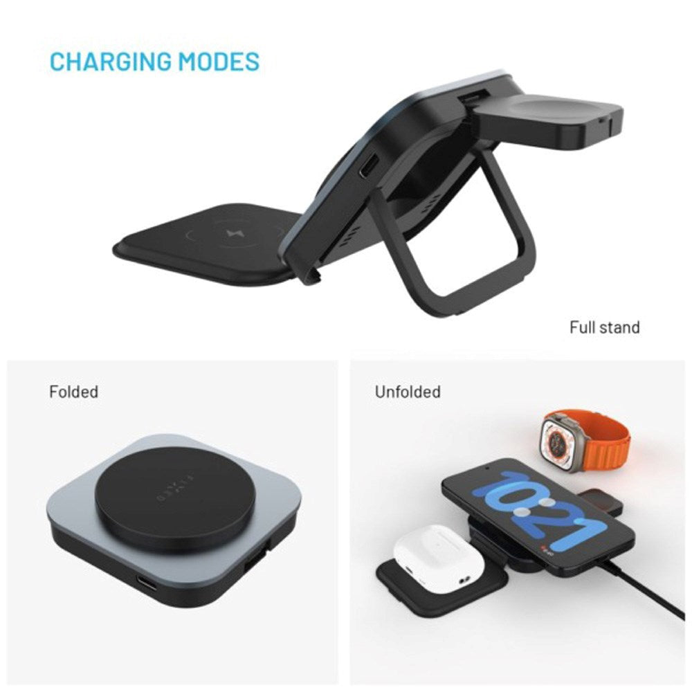 Fast MagFlex 3-i-1 sammenleggbar trådløs lader - MagSafe-kompatibel - Svart/grå
