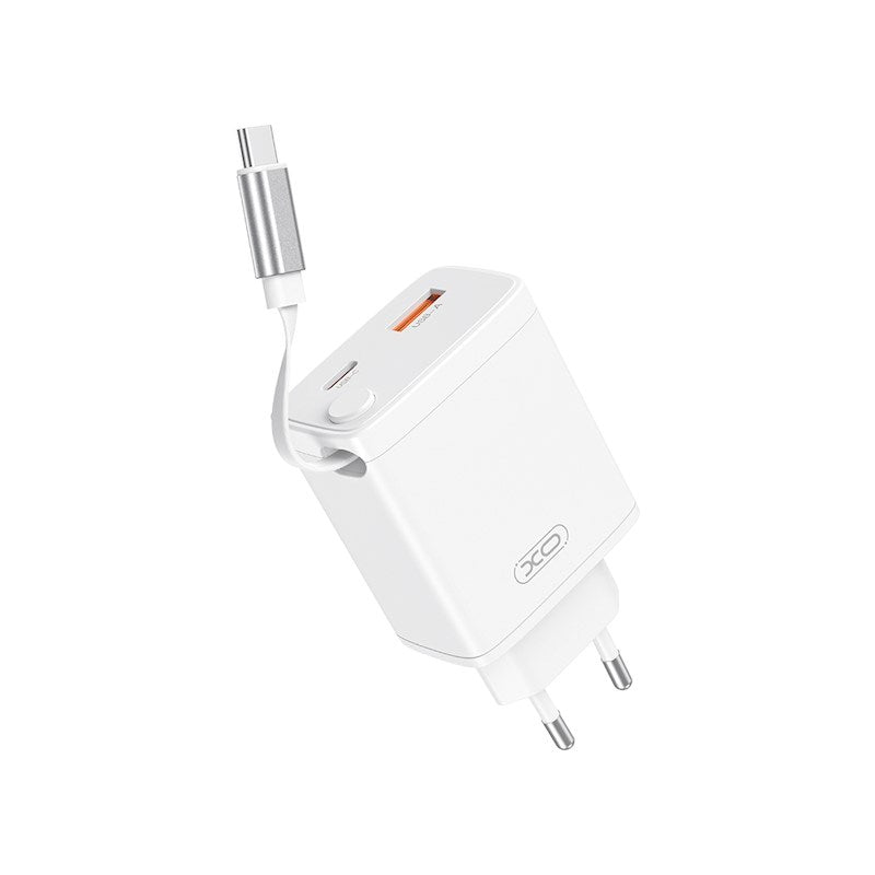 XO 30W vegglader 1 x USB-C 1 x USB-A med matchende USB-C-kabel - Hvit