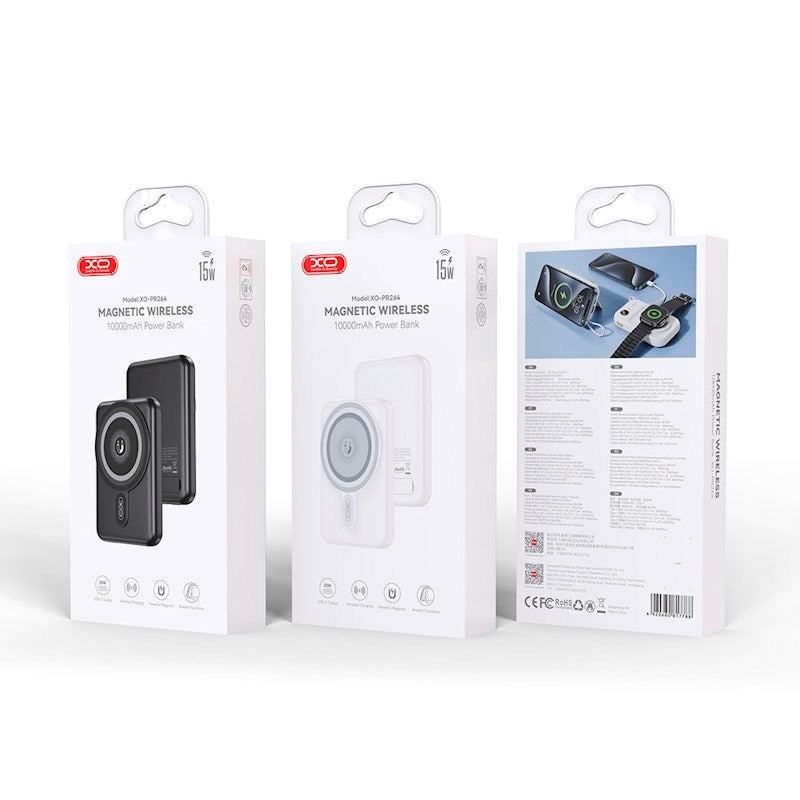 XO Magnetisk Powerbank med m. USB-C Port - 20W - 10.000mAh - Ståfunktion - Hvid
