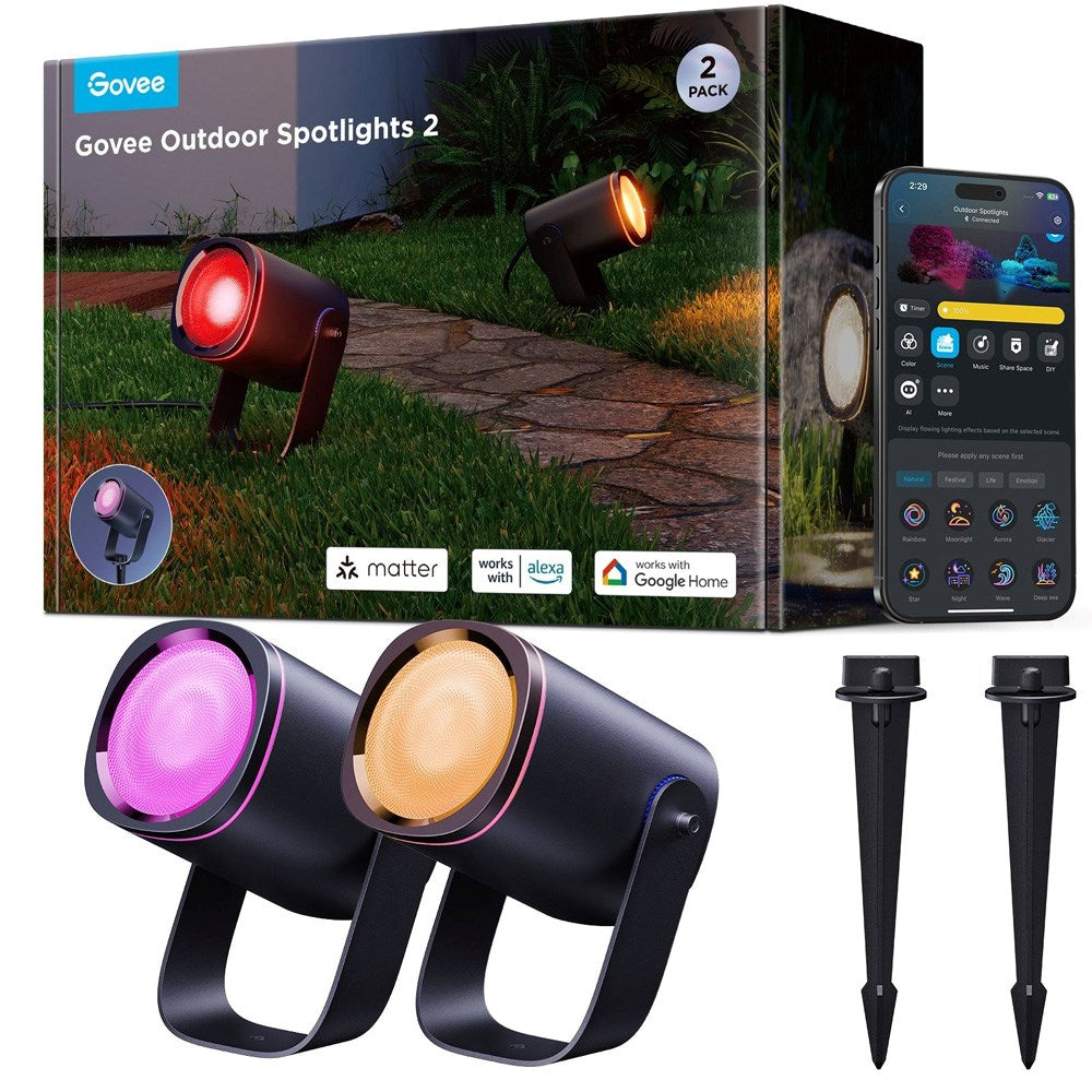 Govee Outdoor Spotlights med 2 stk. - Montering: Væg / Jorden - Sort