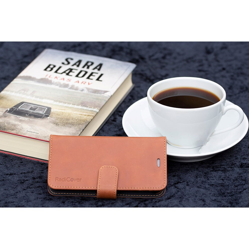 RadiCover Exclusive 2-in-1 iPhone SE (2022/2020)/8/7/6/6s - Ægte Læder Flip Cover - 86% Strålingsbeskyttelse - Brun