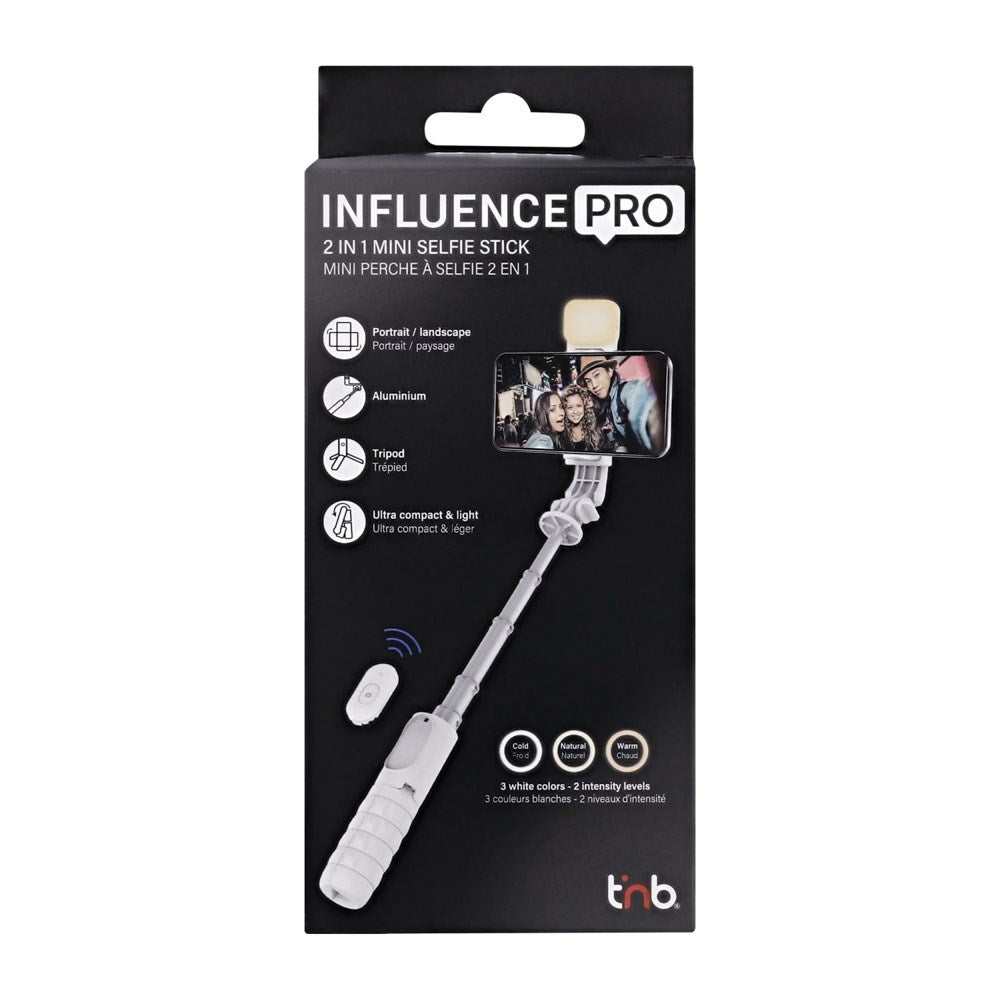 T'NB Influence Pro Multifunksjonell Selfie Stick m. Stativfunksjon og LED-lys - Hvit