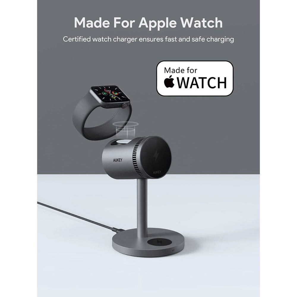 Aukey MagFusion 3-i-1 Trådløs Oplader m. 15W - Smartphone - Apple Watch - AirPods - MagSafe / Qi2 Kompatibel - Grå