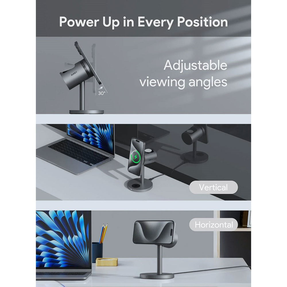 Aukey MagFusion 3-i-1 Trådløs Oplader m. 15W - Smartphone - Apple Watch - AirPods - MagSafe / Qi2 Kompatibel - Grå