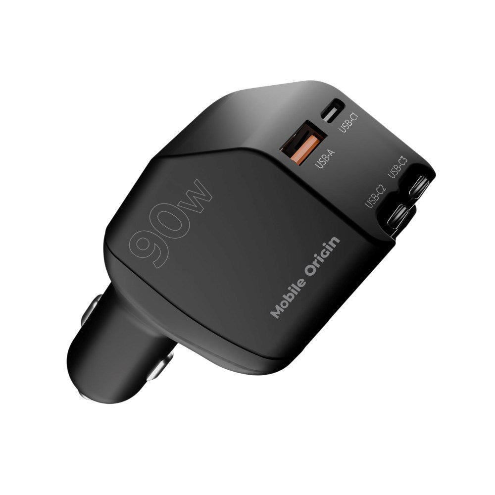 Mobile Origin 4-i-1 Biloplader 90W med USB-C + USB-A og 2x Indbygget USB-C Kabel - Sort
