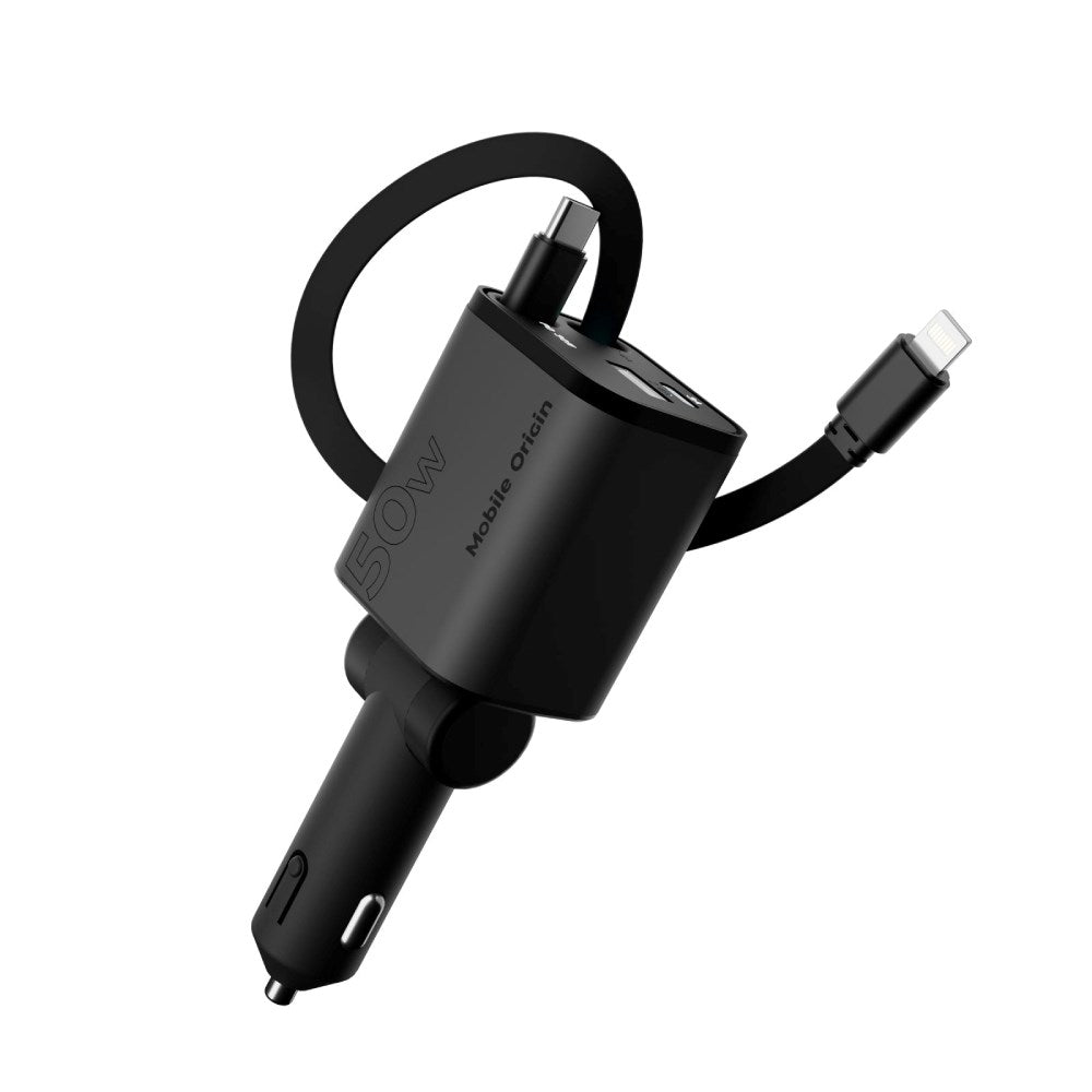 Mobile Origin 4-i-1 Biloplader 50W m. USB-C + USB-A Port og Udtrækkeligt USB-C and Lightning Kabel - Grå