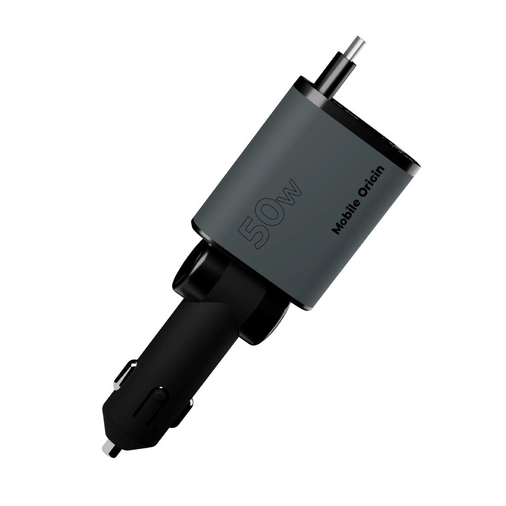 Mobile Origin 4-i-1 Biloplader 50W m. USB-C + USB-A Port og Udtrækkeligt USB-C and Lightning Kabel - Grå
