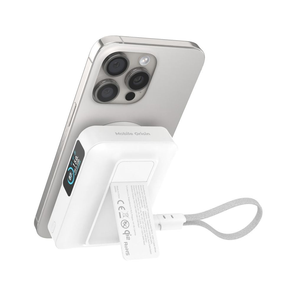 Mobile Origin Powerbank - 10.000mAh - Trådløs Opladning - Indbygget USB-C Kabel - MagSafe / Qi2 Kompatibel - Hvid