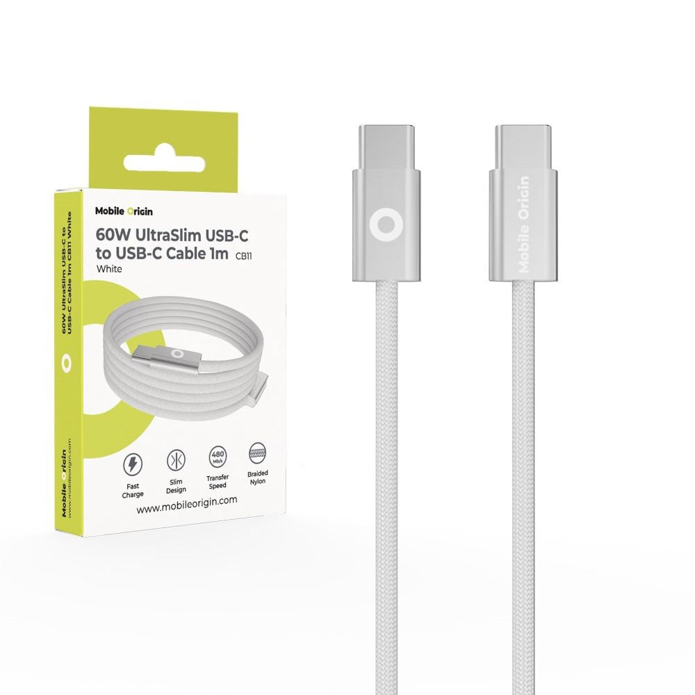 Mobile Origin UltraSlim Kabel - USB-C til USB-C - 60W - 1m - Hvid