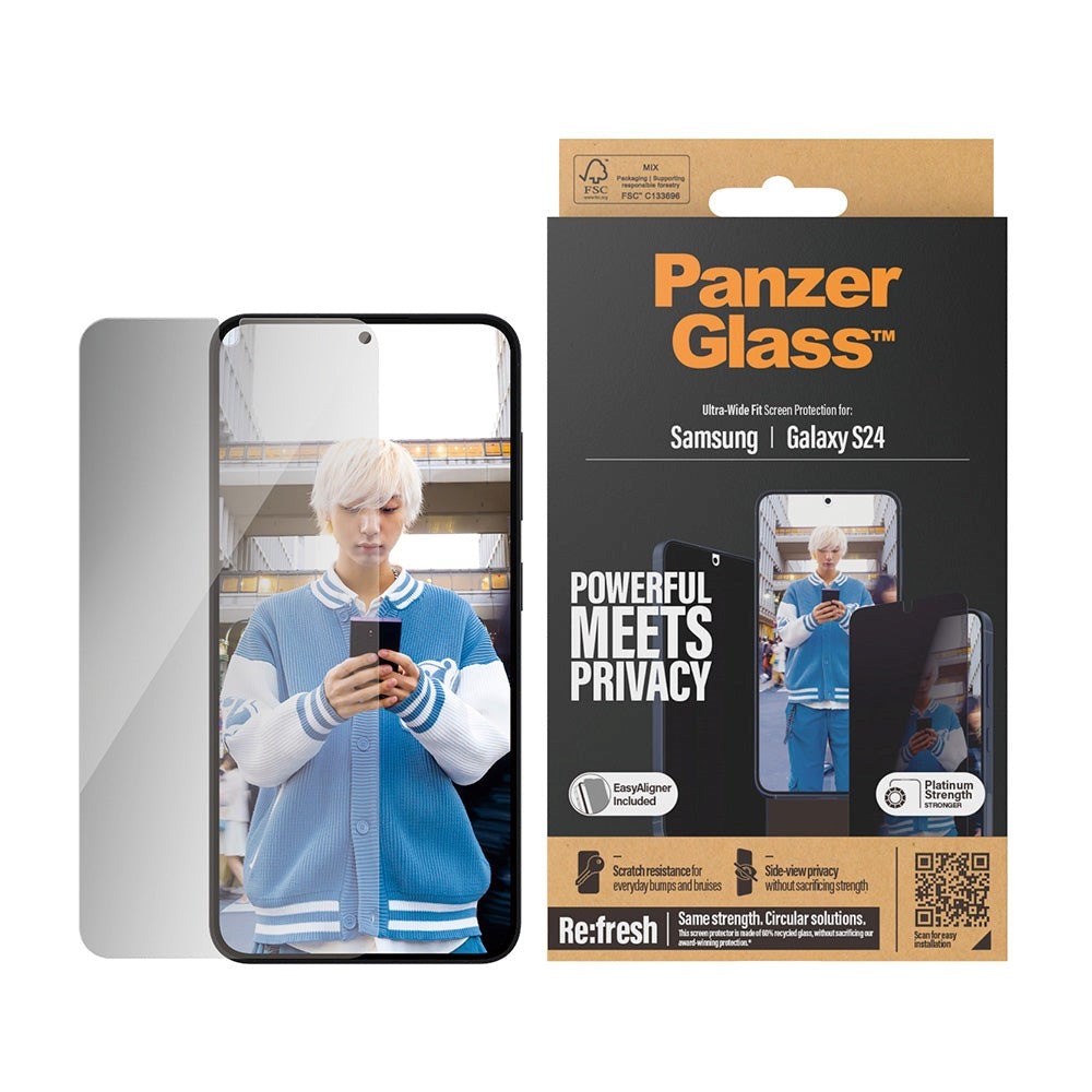 Samsung Galaxy S24 PanzerGlass Ultra Wide Fit Re:fresh Beskyttende glass m. EasyAligner - Personvern - Platinum Styrke - Gjennomsiktig / Svart kant