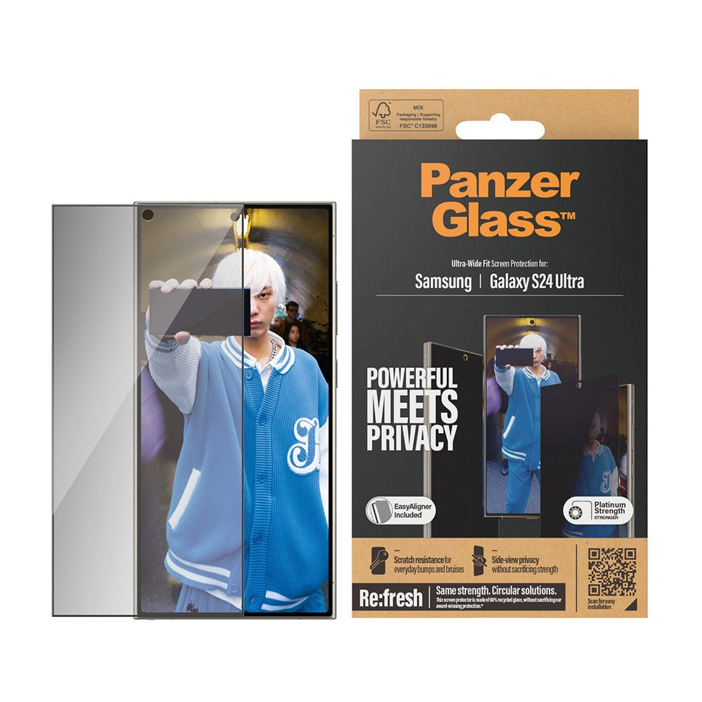 Samsung Galaxy S24 Ultra PanzerGlass Ultra Wide Fit Re:fresh Beskyttende glass m. EasyAligner - Personvern - Platinum Styrke - Gjennomsiktig / Svart kant