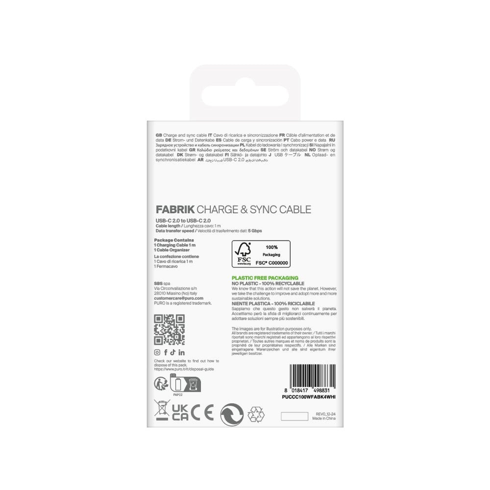 Puro Fabrik Kabel - USB-C til USB-C - 100W - 5Gbps - 1m - Hvid