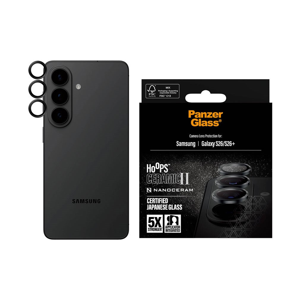 Samsung Galaxy S26 / S26+ (Plus) PanzerGlass Ceramic Hoops Kamerabeskyttelsesglas inkl. Installationsramme - Sort