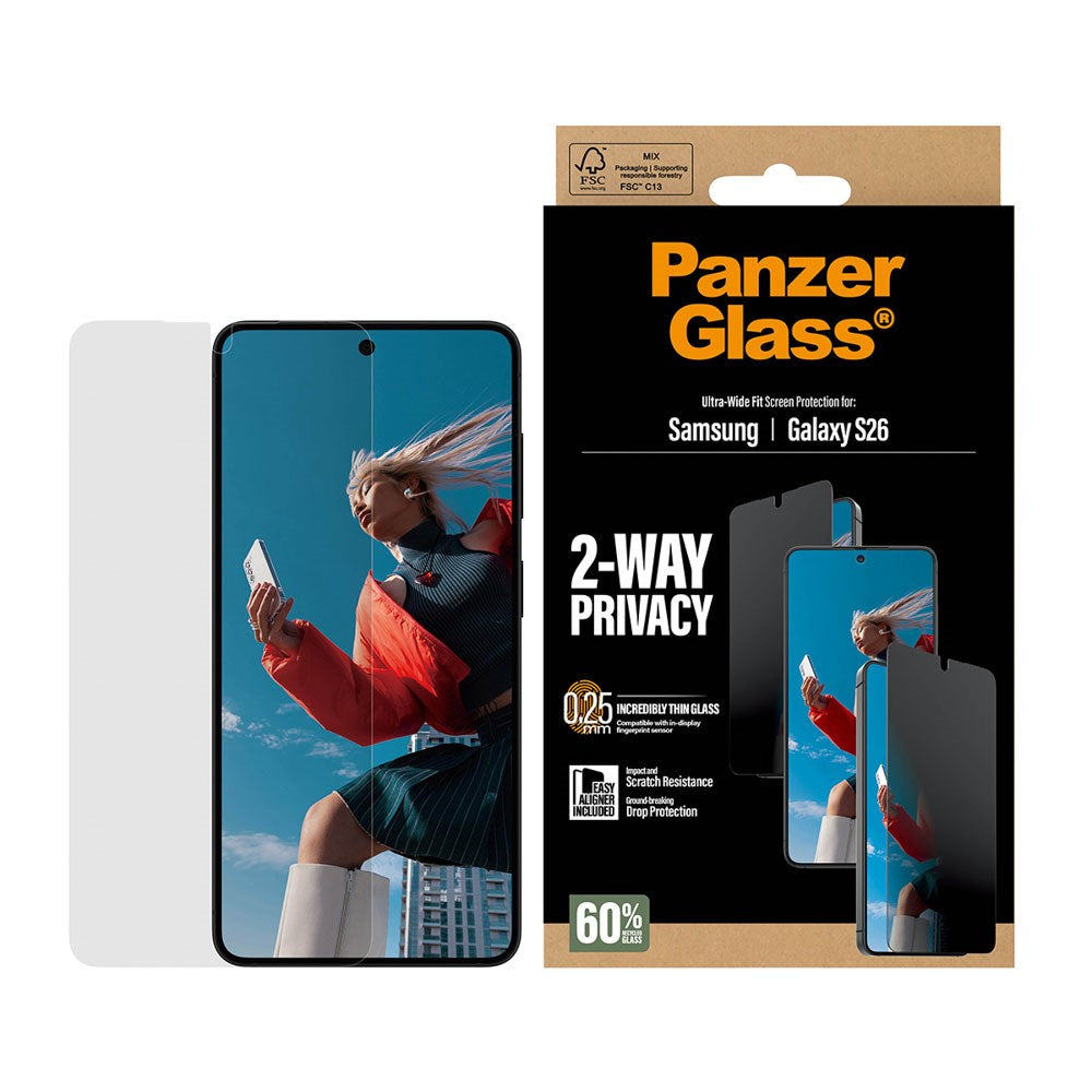 Samsung Galaxy S26 PanzerGlass 2-Way Privacy Skærmbeskyttelsesglas - inkl. EasyAligner - Gennemsigtig