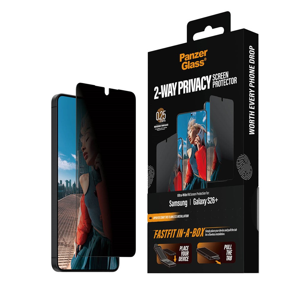 Samsung Galaxy S26+ (Plus) PanzerGlass 2-Way Privacy Skærmbeskyttelsesglas - inkl. FastFit In-A-Box - Gennemsigtig