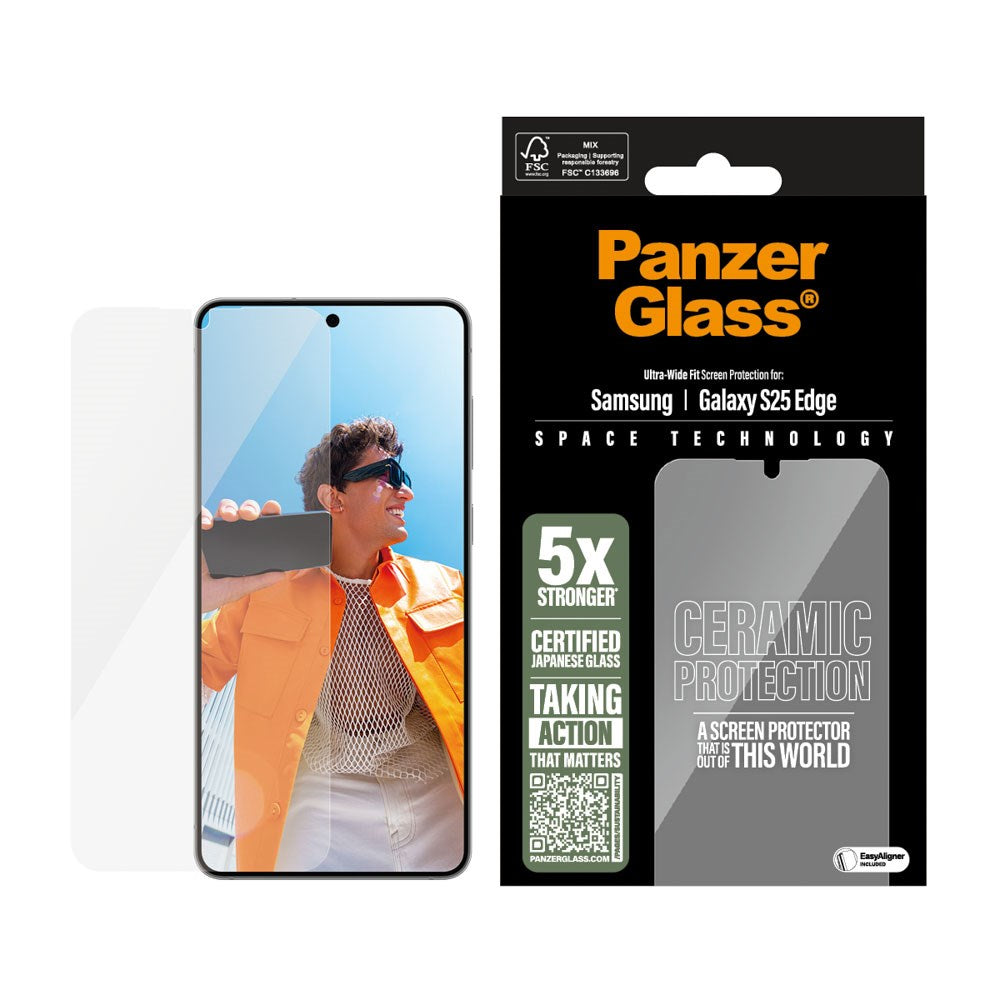 Samsung Galaxy S25 Edge PanzerGlass Ultra Wide Fit Ceramic Beskyttelsesglas m. EasyAligner - Gennemsigtig