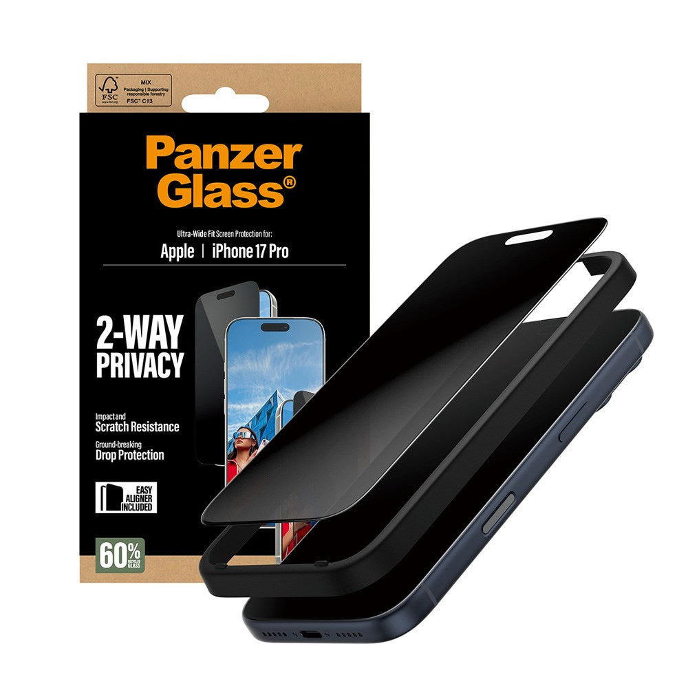 iPhone 17 Pro PanzerGlass 2-Way Privacy Skærmbeskyttelsesglas - Ultra-Wide Fit - Gennemsigtig