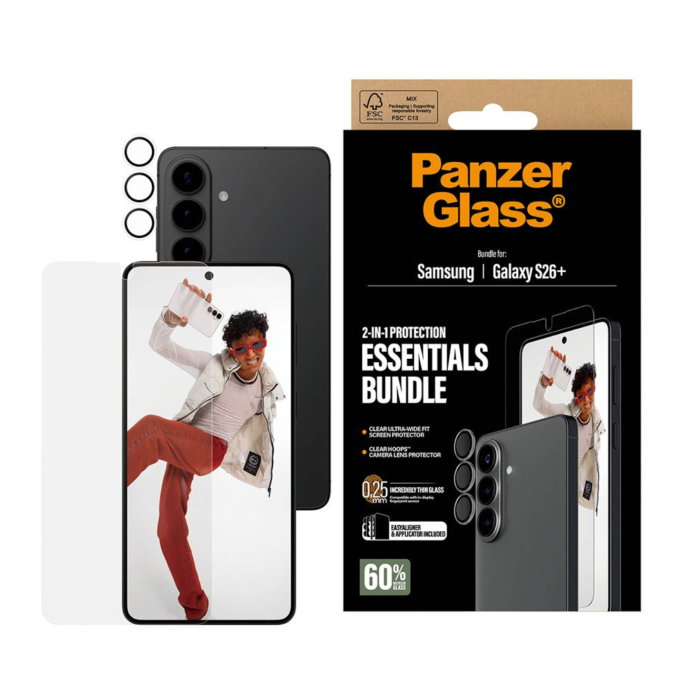 Samsung Galaxy S26+ (Plus) PanzerGlass Hoops 2-in-1 Bundle m. 1 x EasyAligner 1 x Skærmbeskyttelse (UWF) 1 x Hoops Kameralinsebeskyttelse - Gennemsigtig