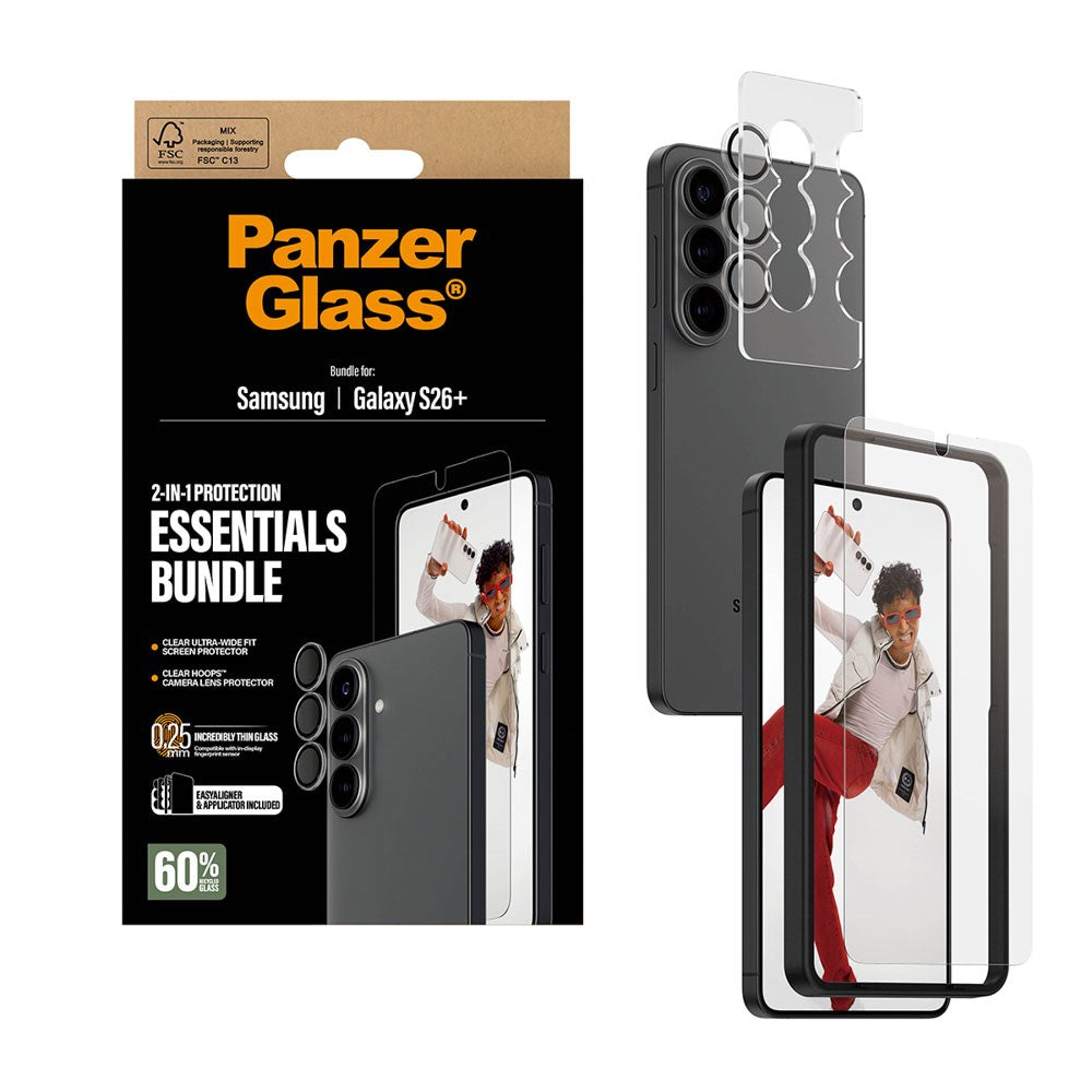 Samsung Galaxy S26+ (Plus) PanzerGlass Hoops 2-in-1 Bundle m. 1 x EasyAligner 1 x Skærmbeskyttelse (UWF) 1 x Hoops Kameralinsebeskyttelse - Gennemsigtig