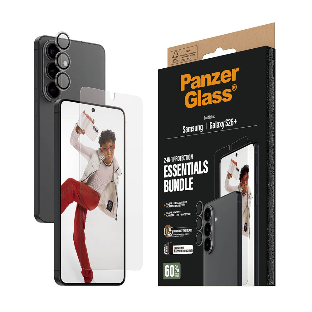 Samsung Galaxy S26+ (Plus) PanzerGlass Hoops 2-in-1 Bundle m. 1 x EasyAligner 1 x Skærmbeskyttelse (UWF) 1 x Hoops Kameralinsebeskyttelse - Gennemsigtig