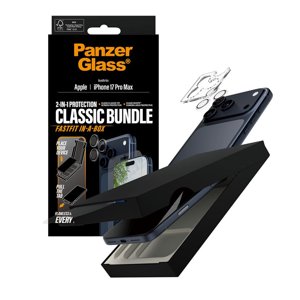 iPhone 17 Pro Max PanzerGlass 2-in-1 Classic Bundle m. Classic Fit Skærmbeskyttelse & Hoops Kameralinsebeskyttelse - Gennemsigtig