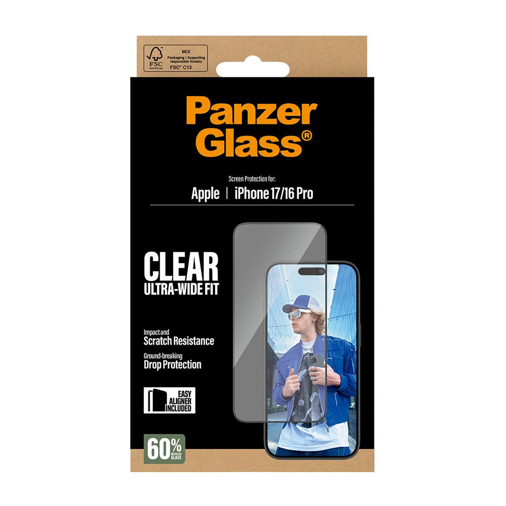 PanzerGlass iPhone 17 / 16 Pro Hærdet Beskyttelsesglas inkl. EasyAligner - Ultra Wide Fit - Gennemsigtig