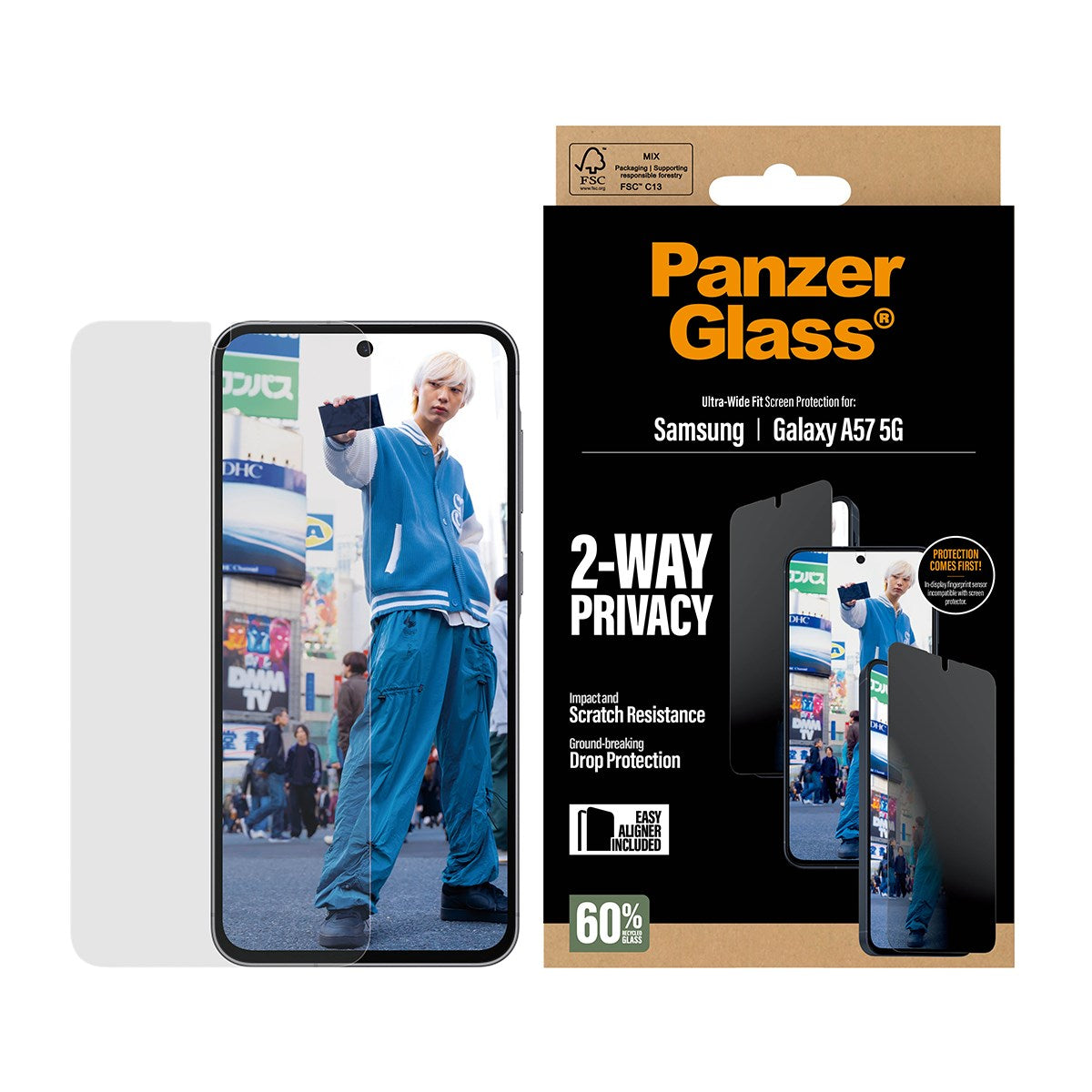 Samsung Galaxy A57 PanzerGlass 2-Way Privacy Skærmbeskyttelsesglas - inkl. EasyAligner - Gennemsigtig