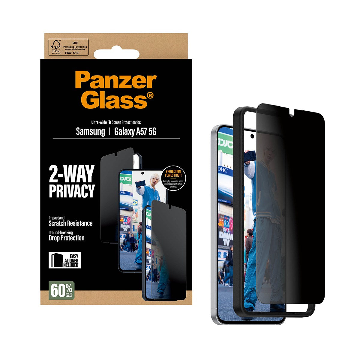 Samsung Galaxy A57 PanzerGlass 2-Way Privacy Skærmbeskyttelsesglas - inkl. EasyAligner - Gennemsigtig